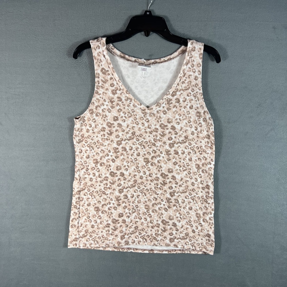LuLaRoe Women's M Ribbed Knit V-Neck Tank Top Cream Tan Leopard Print Sleeveless